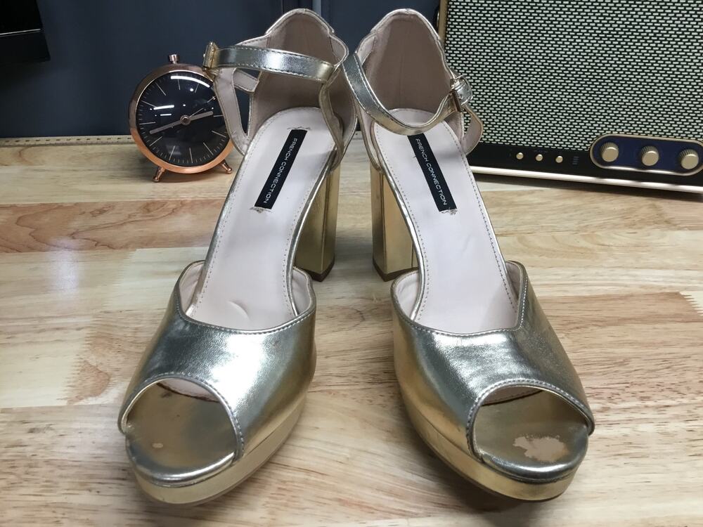 French Connection Women's 9 Gold Ankle Strap Platform Peep Toe High Heel Pumps